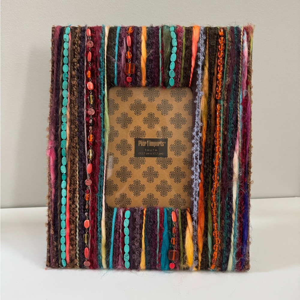 Pier 1 Imports Vintage Boho 5 inch x 7 inch Picture Frame with Yarn & Beads